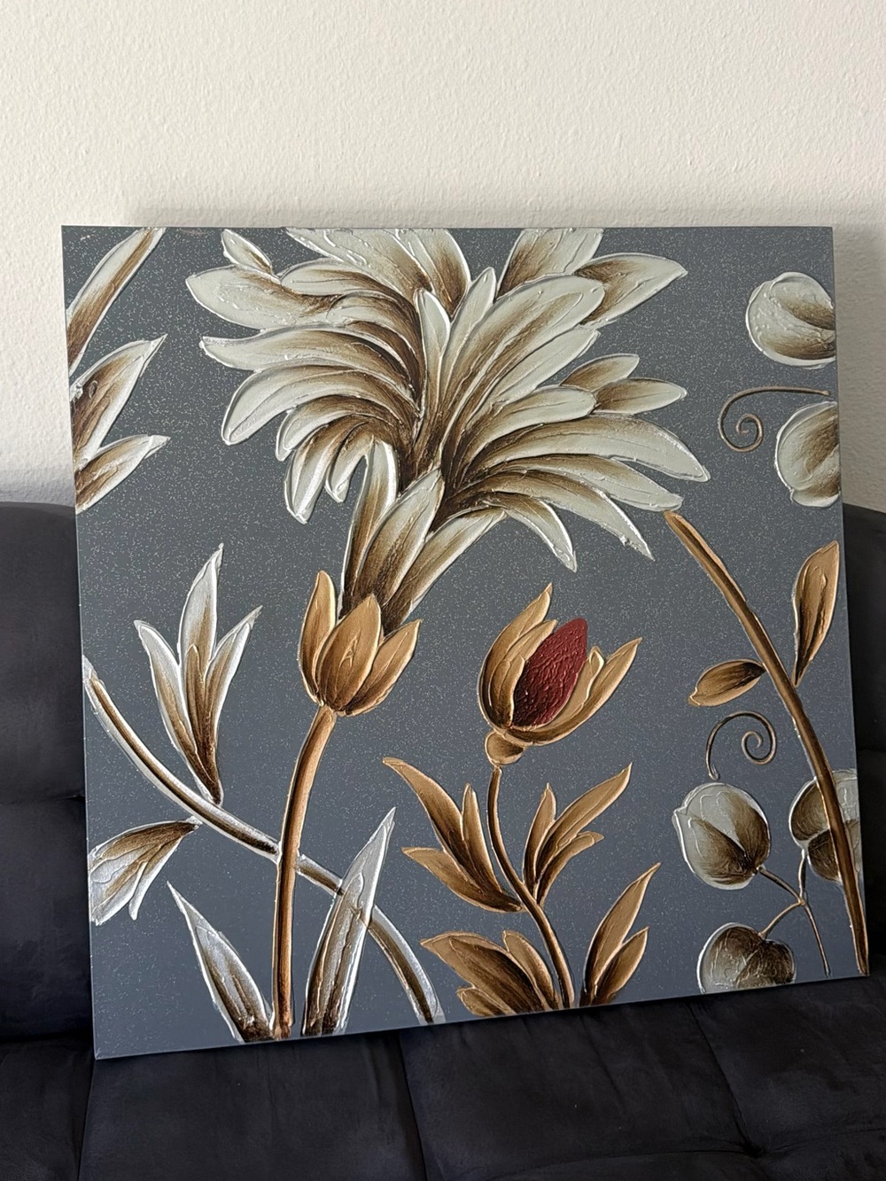 Elegant Gray Floral Wall Art Canvas with Gold and Cream Accents
